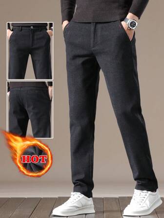 Men's Elastic Waist Slant Pocket Thermal Lined Casual Pants, Warm For Autumn/Winter