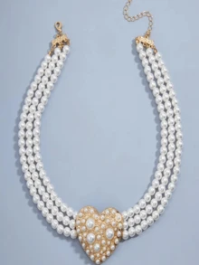 多层复古风格珍珠心形吊坠项链，适合派对和婚礼 - 珍珠項鍊 - 查看 6