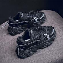 新款女士厚底运动鞋，复古潮流防滑透气耐用时尚厚底运动鞋 - 黑色 - 查看 2