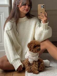 Series Round Neck Solid Color Casual Loose Knit Pullover Top For Girls - White - View 3