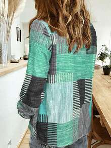 Colorblock Button Printed Long Sleeve Casual Retro Shirt - Green - View 3