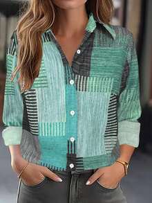 Colorblock Button Printed Long Sleeve Casual Retro Shirt - Green - View 4