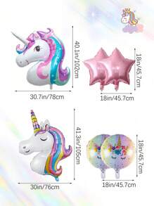 6pcs/Set Giant Rainbow Unicorn Theme Balloon Set, Includes 2 Colorful Unicorn Balloons, Rainbow Balloons, Pink Star Foil Balloons, Suitable For Unicorn Theme Party, Macaron Birthday Party, Engagement, Wedding, Rainbow Unicorn Home Decor And Photo Props - Multicolor - View 3