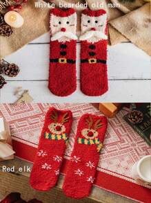 1 Pair Christmas Socks For Women, Coral Fleece Thick Warm Christmas Sleep Socks, Cartoon Half Fleece Floor Socks Home Decor Christmas Decorations Room Decor Winter