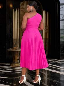 褶皱3D玫瑰单肩褶裥连衣裙，适合毕业典礼、圣诞派对、情人节、独立日等场合。 - 玫紅色 - 查看 3