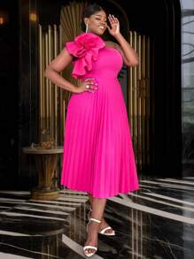 褶皱3D玫瑰单肩褶裥连衣裙，适合毕业典礼、圣诞派对、情人节、独立日等场合。 - 玫紅色 - 查看 4