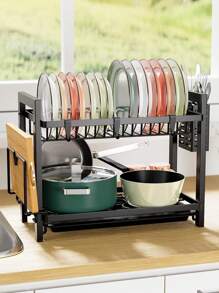 Rejilla negra de 2 niveles de gran tamaño para secar platos para la encimera de la cocina con tabla de escurrido, escurreplatos de acero inoxidable para platos/cuchillos/tazas/tablas de cortar con soporte para utensilios, estante para platos, escurridor de platos ahorra espacio, rejilla de secado para cubiertos