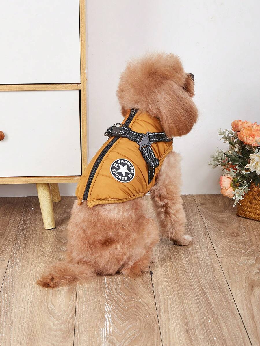 2 件套狗狗夹克背心,棉质加厚胸背带,适合小型犬,冬季保暖装备 - 橘色 - 查看 1