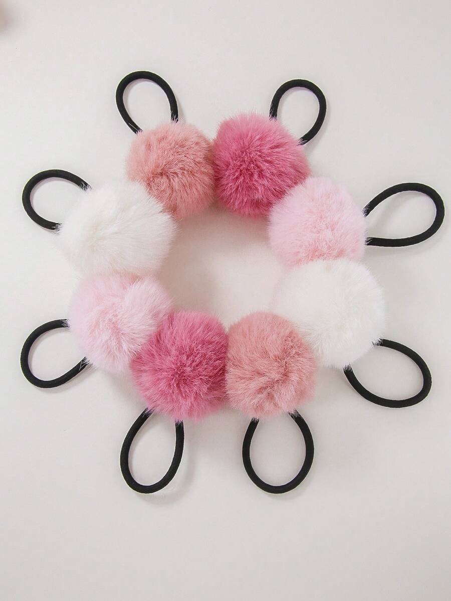 8pcs/Set Girls Ombre Fluffy Pom Pom High Elasticity Large Hair Ties Scrunchies Ponytail Holders Hair Accessories - Multicolor - View 1