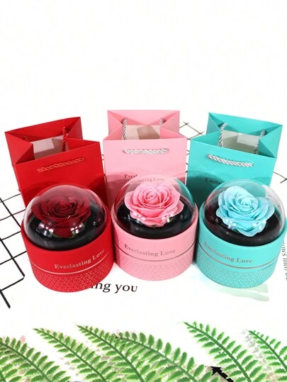 情人节永生玫瑰首饰礼盒（1个），圆形单支玫瑰项链首饰盒，情侣惊喜吊坠盒，含贺卡，浪漫情人节、生日、求婚、婚礼装饰、返校季礼物