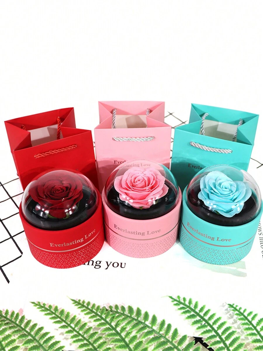 情人节永生玫瑰首饰礼盒（1个），圆形单支玫瑰项链首饰盒，情侣惊喜吊坠盒，含贺卡，浪漫情人节、生日、求婚、婚礼装饰、返校季礼物