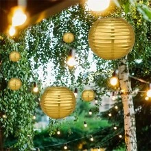 1/12 piezas Farolillos de papel, fáciles de colgar de 6", 8", 10" de diámetro, farolillos de papel chinos redondos, adecuados para fiestas nupciales, aniversarios y celebraciones, decoración interior/exterior, sin necesidad de electricidad - Dorado - Ver 3