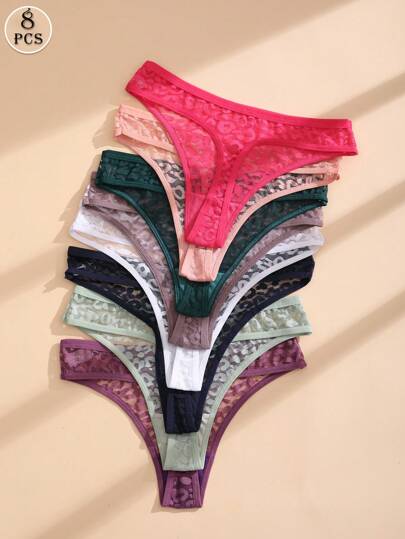 8 piezas Braguitas tipo tanga con encaje y estampado de leopardo para mujer, de cintura baja, cómodas y transpirables, ropa interior