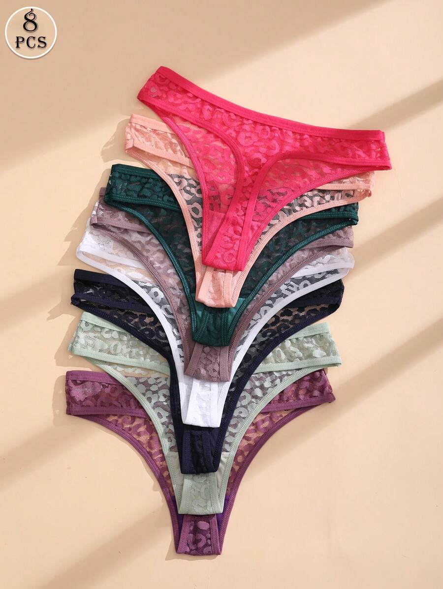 8 PCS Women's Leopard Lace Thong Sexy Low Waist Panties Comfortable And Breathable Lingerie Underwear - Multicolor - View 1
