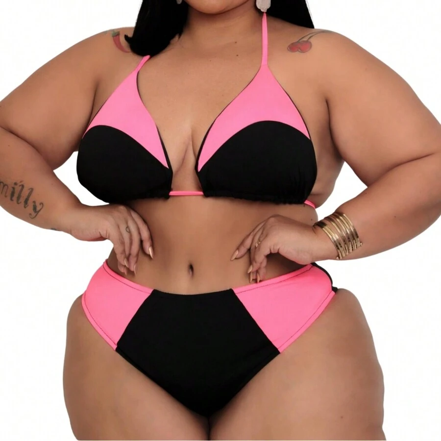 Women's Plus Size Elegant Bikini, Lined Delta Wing Bottoms BEST SELLER, Tie-Up Crop Top, Larger Bikini Bodysuit, Beachwear - Màu Hồng Tươi - Xem 1