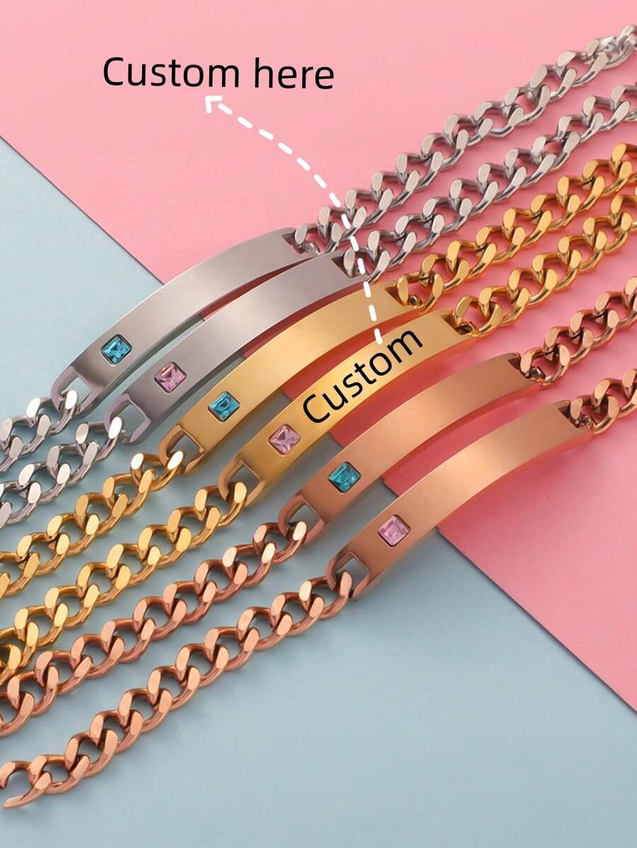 1 件时尚朋克镀金不锈钢个性化激光名字字母手链 适合男女情侣礼物 - 彩色 - 查看 1