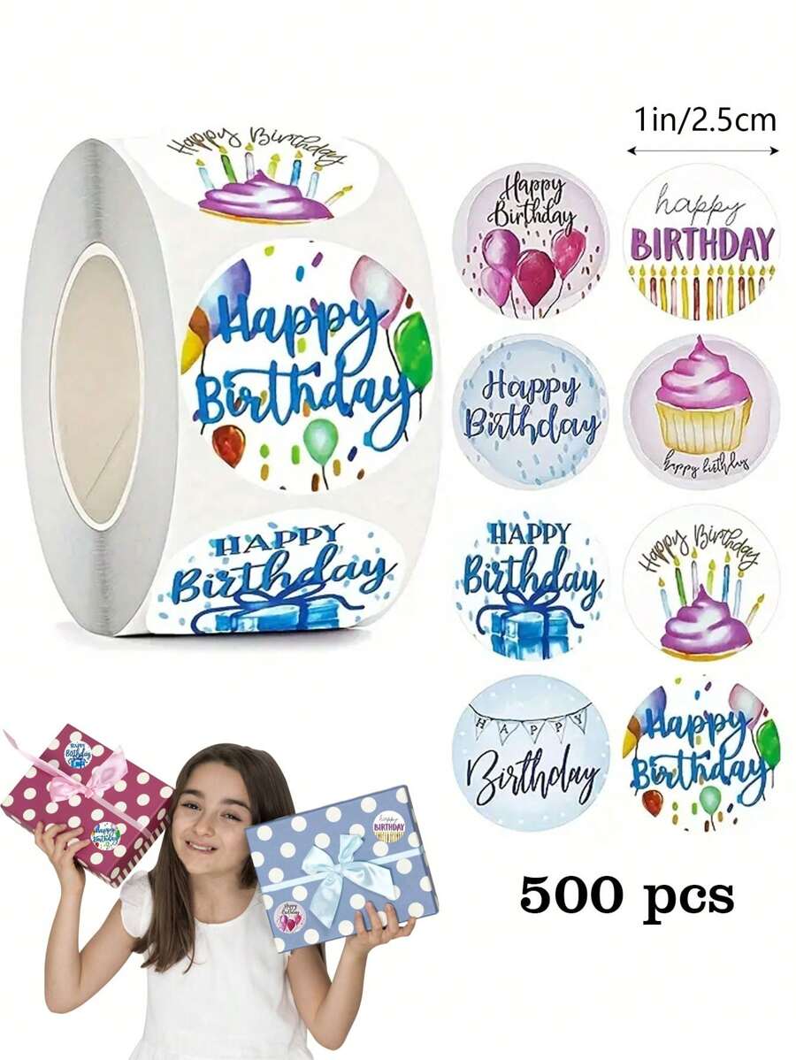 500pcs/Roll Happy Birthday Self-Adhesive Stickers, Suitable For Birthday Party Decorations, Greeting Cards, Gift DIY, Waterproof PVC Material,School Supplies,Back To School - Multicolor - View 1