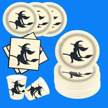 68 件白女巫主题 300gsm 纸盘和纸杯，一次性圆形餐具，适用于各种节日派对、恶作剧派对、万圣节 - 彩色 - 查看 1