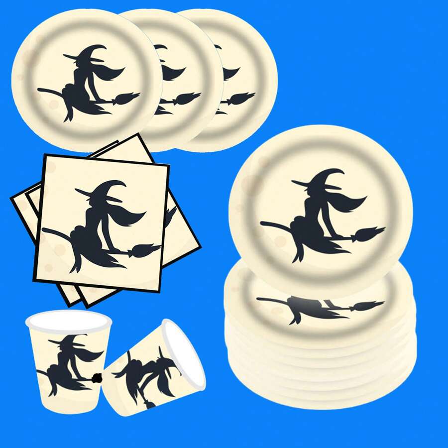 68 件白女巫主题 300gsm 纸盘和纸杯，一次性圆形餐具，适用于各种节日派对、恶作剧派对、万圣节 - 彩色 - 查看 1