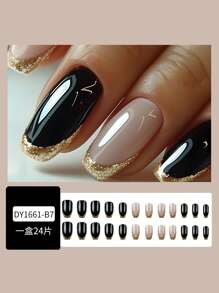 24 件方形法式美甲按压式指甲，闪亮简约风格，打造高端外观，全覆盖假指甲套装适合派对、舞会、日常佩戴 - 彩色 - 查看 2