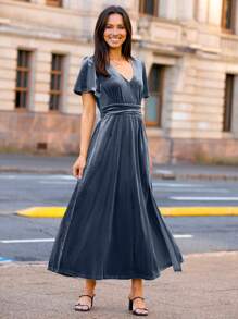 Women's Velvet Maxi Dress V Neck Short Sleeve Empire Waist Semi Formal Long Cocktail Dresses - 霧霾藍 - 查看 3