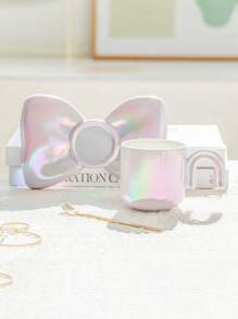 Set de 3 tazas de café y platitos de cerámica con diseño creativo de abalorios chapados de colores y moños