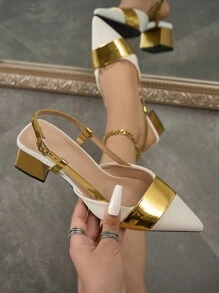 女士尖头封闭式鞋头粗跟高跟鞋，撞色设计，优雅日常，通勤，家庭聚会，节日和户外购物，适合春、夏、秋、冬，金色高跟鞋适合正式场合 - 金色 - 查看 1