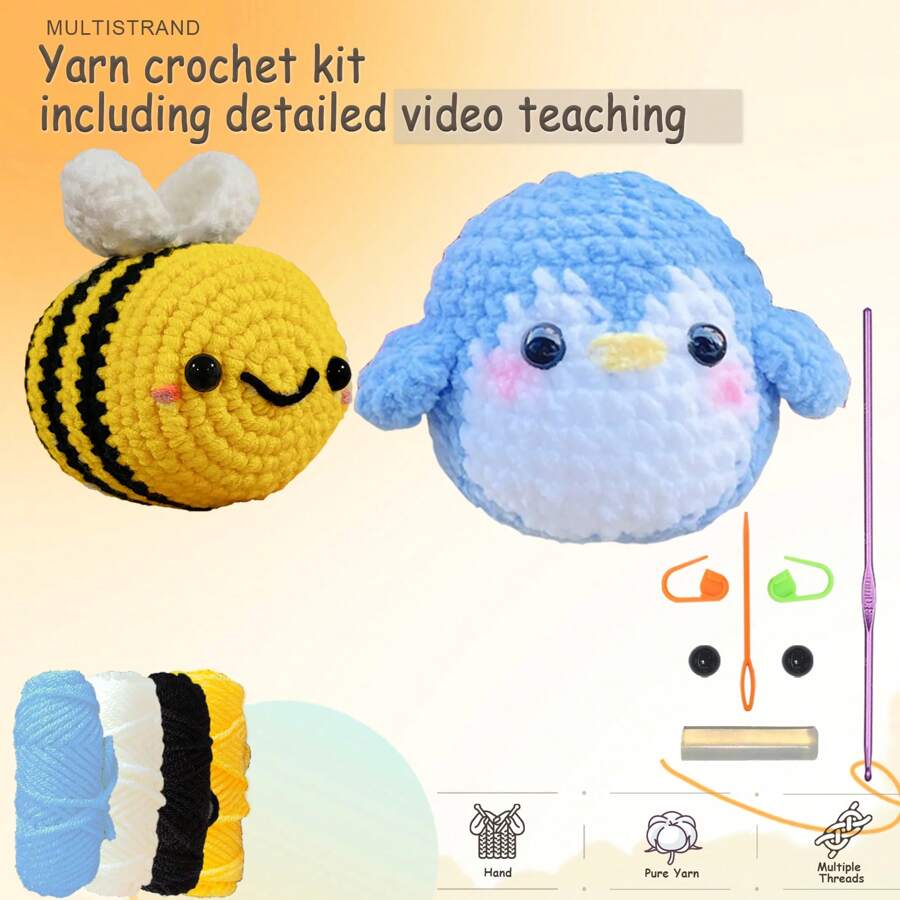 DIY Cute Bee And Blue Penguin, Friend Crochet Material Kit Suitable For Starters Who Are New To Crochet Crochet Knitting Kit Suitable For Gifts, Stress Relief, Knitting Learning. DIY Beginner Gift With Complete Material Package, Step-By-Step Instructional Video, English Manual, Crochet Hook, Stitch Markers, Needle, Etc. - Yellow - View 1