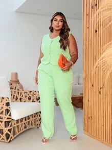 Women's Tailored Set Plus Size 48 50 52 Vest Blouse Cropped Dress Pants 46 48 50 52 54 GG G1 G2 - Premium - 綠色 - 查看 3
