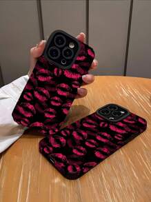 1pc Magenta Lip Pattern Vertical Striped Faux Leather Shockproof Soft Protective Phone Case Compatible With Iphone & S16/S16 Plus/S16 Pro/S16 Pro Max - Multicolor - View 2