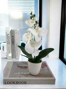 Planta de orquídea Phalaenopsis simulada en maceta de cerámica blanca, adorno de decoración del hogar, Navidad