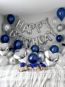 44 Stücke/Set 16 Zoll silberner "Happy Birthday"-Folienballon mit Buchstaben, einschließlich marineblauem, silbernem Latexballon und Herz-Folienballon, für englische "Happy Birthday"-Buchstabendekoration, Partyszenendekoration, Geburtstagsfeier, Hintergrunddekoration für Familienfeiern, Hochzeit, Abschlussfeier, Geburtstagsparty-Dekoration, blauer Ballon