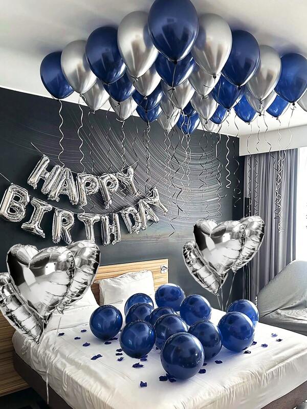 44pcs/Set 16-Inch Silver Happy Birthday Letter Foil Balloon, Including Navy Blue, Silver Latex Balloon And Heart Foil Balloon, For Happy Birthday English Letter Decoration, Party Scene Decorations, Birthday Celebration, Family Party Background Decorations, Wedding, Graduation, Birthday Party Decorations, Blue Balloon