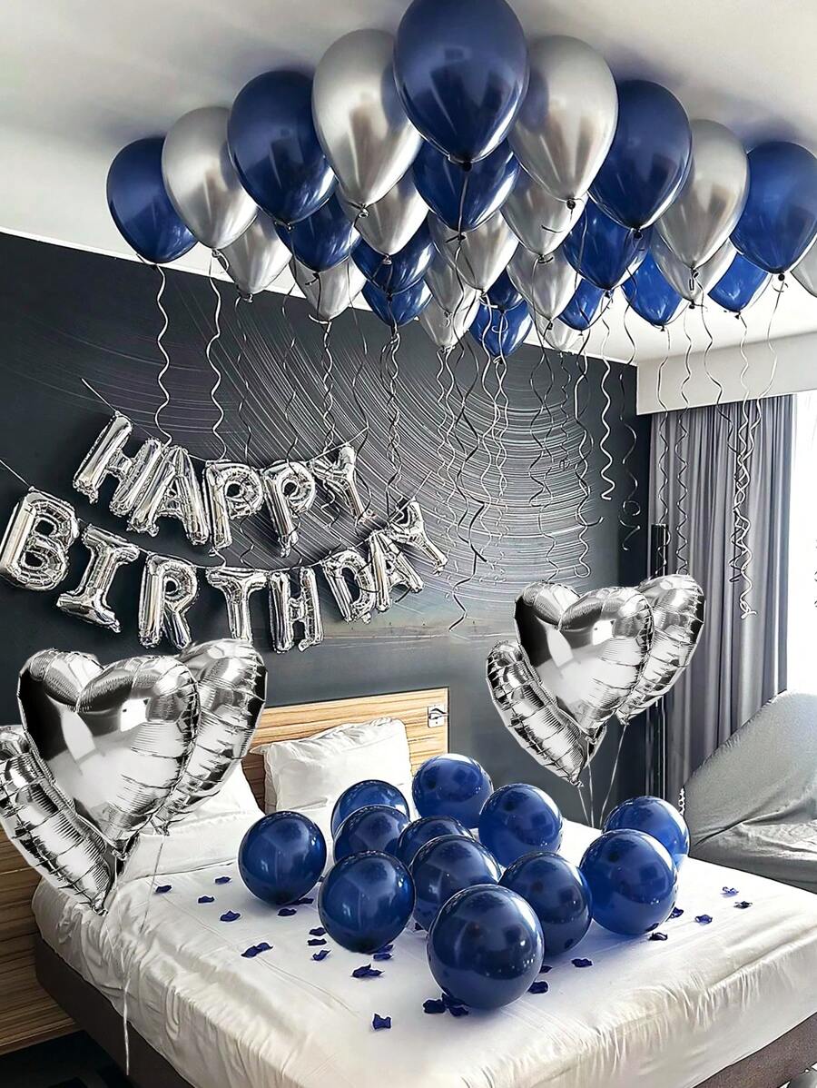 44 Stücke/Set 16 Zoll silberner "Happy Birthday"-Folienballon mit Buchstaben, einschließlich marineblauem, silbernem Latexballon und Herz-Folienballon, für englische "Happy Birthday"-Buchstabendekoration, Partyszenendekoration, Geburtstagsfeier, Hintergrunddekoration für Familienfeiern, Hochzeit, Abschlussfeier, Geburtstagsparty-Dekoration, blauer Ballon
