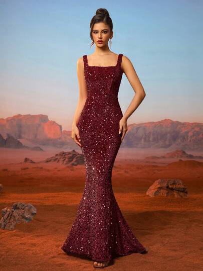 AOSHABABI "Eternal Classic, Revive The Elegant Era Of Herben" Classic Grey Square Collar Velvet Sequin Fitted Mermaid Evening Gown. Suitable For All Formal Occasions, Wedding Guest, Music Festival, Holiday Party, Cocktail Party, Date, Vacation, Ball, And Bridesmaid Formal Dress.