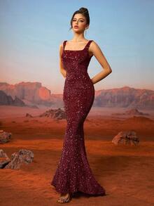 AOSHABABI “永恒经典，重现赫本优雅时代” 经典灰色方领丝绒亮片修身美人鱼晚礼服。适合各种正式场合，如婚礼宾客、音乐节、节日派对、鸡尾酒会、约会、度假、舞会、伴娘礼服，以及情人节春季礼服。 - 酒紅色 - 查看 4