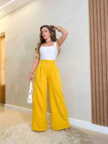 YING ZI Stone Mode Formal Tailored Wide Leg Trousers - Mustard Yellow - View 4