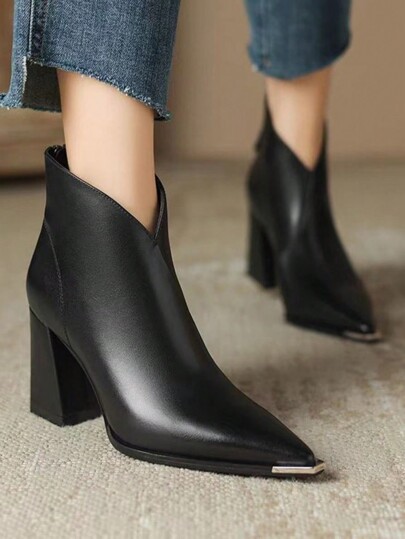 2025 Winter Fashion Elegant Women's Boots, Metal Toe Cap, Thick Heel, Back Zipper, Pointed Toe, Comfortable