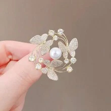 1pc Shiny Rhinestone Butterfly Faux Pearl Brooch Pin, Suit For Women Dress Coat Sweater Decor Accessories Dress Accessories Pin For Clothes Bag Charm School Office Accessories Shirts Jacket Jewelry Christmas Halloween Clothes Pin Funny Cute Teacher Gifts Costume Accessories Bag Charms - Gold - View 5