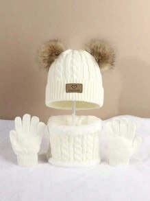 3pcs/Set Kids Warm Heart Knitted Cap Set, Fashion Cold Proof Outfit For Autumn/Winter - Solid Color Leather Label 3 Piece Set - View 1