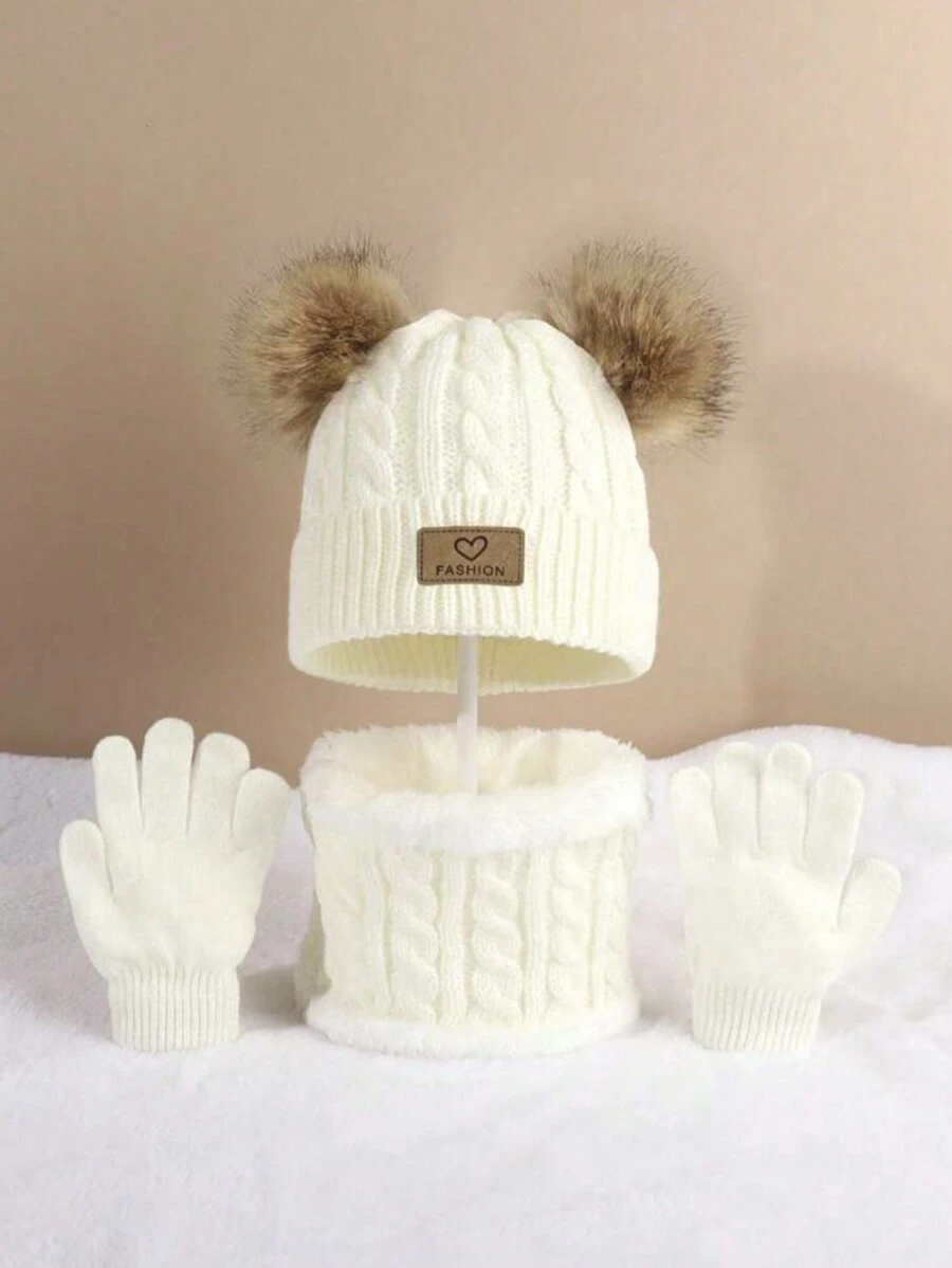 3pcs/Set Kids Warm Heart Knitted Cap Set, Fashion Cold Proof Outfit For Autumn/Winter - Solid Color Leather Label 3 Piece Set - View 1