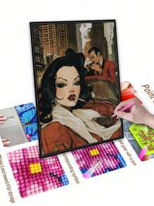 5D DIY 钻石画马赛克套件 - 美丽女人风景，钻石艺术工艺套件适用于家居墙壁装饰 - 紅色 - 查看 4