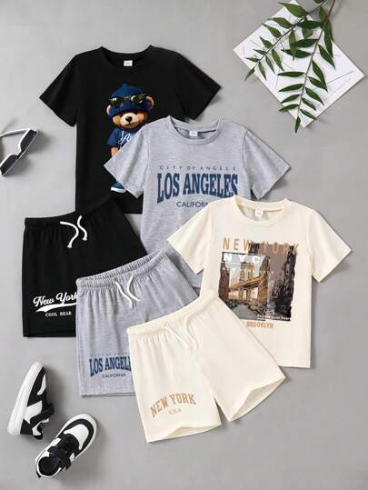 3pcs/Set Kids Boys Cartoon Print Short Sleeve T-Shirt And Shorts Set