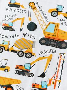 Young Boy Long Sleeve  Casual T-Shirt Top With Cartoon Excavator Print, Fashionable Autumn/Winter Graphic Tee - White - View 4