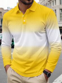 Áo thun polo dài tay in họa tiết ombre 3D thường ngày cho nam, mùa thu - Màu vàng - Xem 1