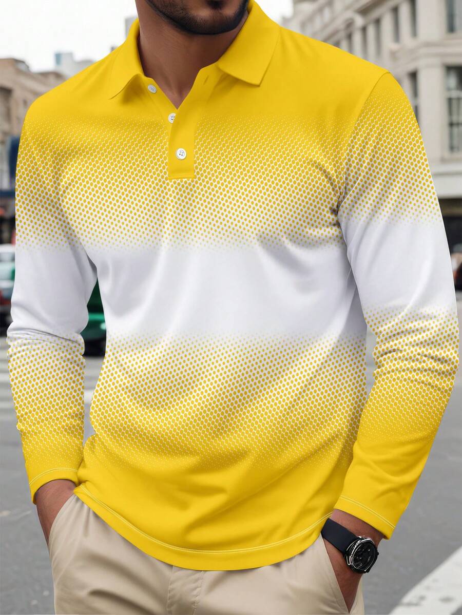 Áo thun polo dài tay in họa tiết ombre 3D thường ngày cho nam, mùa thu - Màu vàng - Xem 1