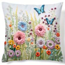 1pc, Plants, Flowers, Butterflies Series Pattern Digital Printed Pillow Cover, Single Sided Printing, 45m * 45cm, Suitable For Sofa, Living Room, Bedroom Home Decoration, No Pillow Insert
