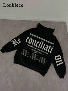 Lonblece 1 件男士哥特式英文文字印花连帽衫，复古风格，适合日常穿着，秋冬季 - 黑色 - 查看 3