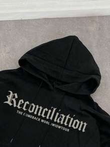 Lonblece 1 件男士哥特式英文文字印花连帽衫，复古风格，适合日常穿着，秋冬季 - 黑色 - 查看 5