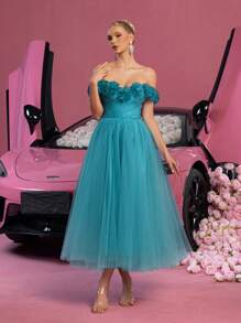 Off-Shoulder Tie-Up Backless Floral Applique Decor Sheer Prom Dress, Elegant Semi-Formal Dress Suitable For Birthday, Wedding Guest, Graduation Ceremony And Other Occasions - Teal Blue - View 3